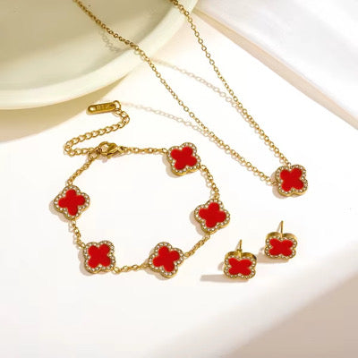 Комплект колие, обеци и гривна в червен цвят, изработен от медицинска стомана с камъни
