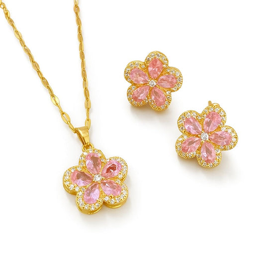 Колие и обеци във формата на детелина с розов камък и циркони и златно покритие