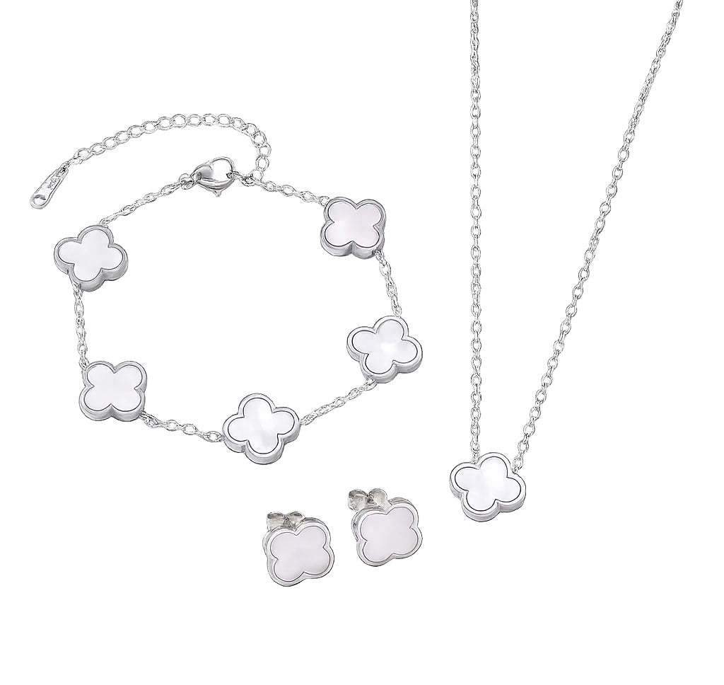 комплект във формата на детелина състоящ се от колие, гривна и обеци в бяло със сребърно покритие