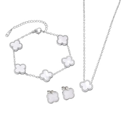 комплект във формата на детелина състоящ се от колие, гривна и обеци в бяло със сребърно покритие