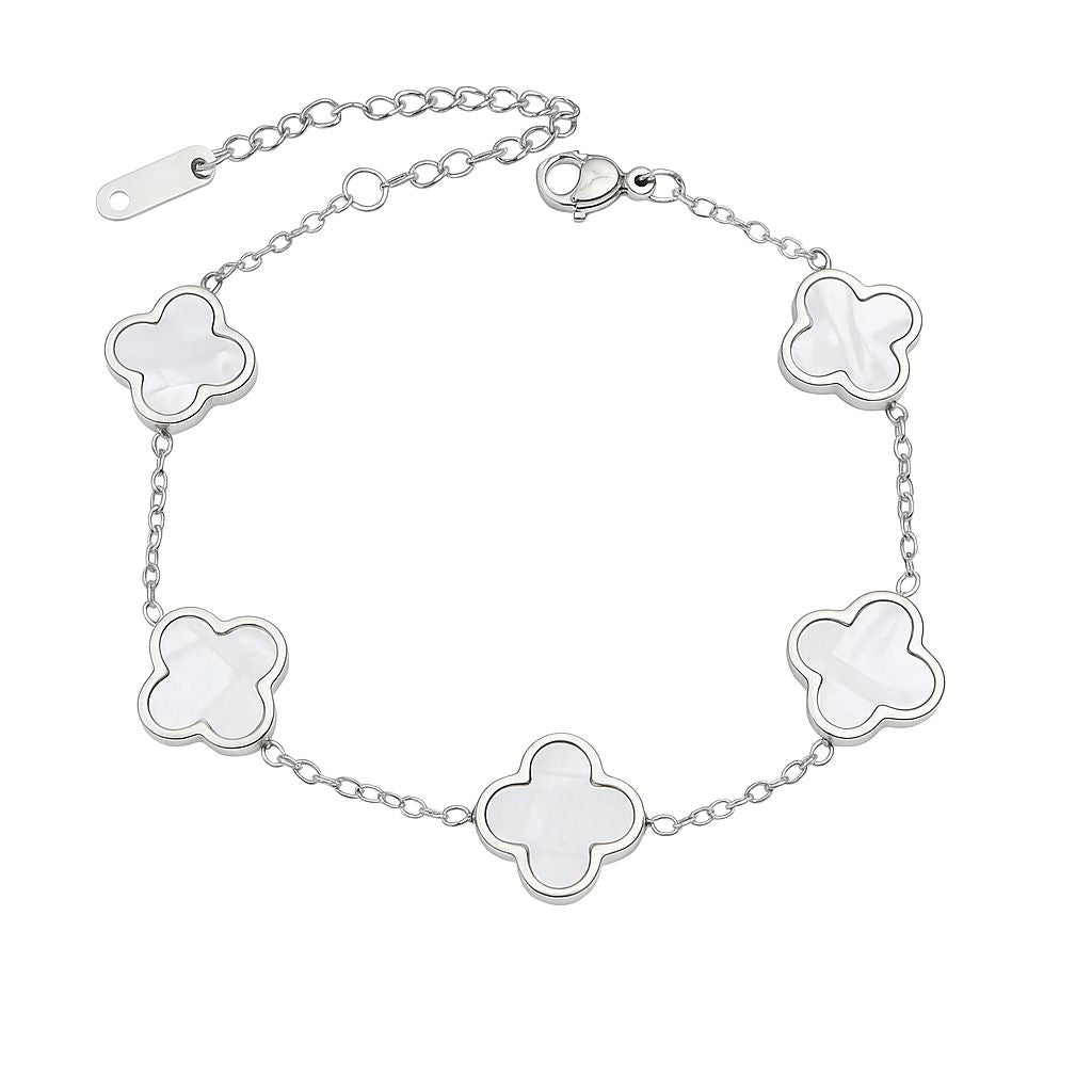 гривна с детелини в сребърно и бяло от неръждаема стомана