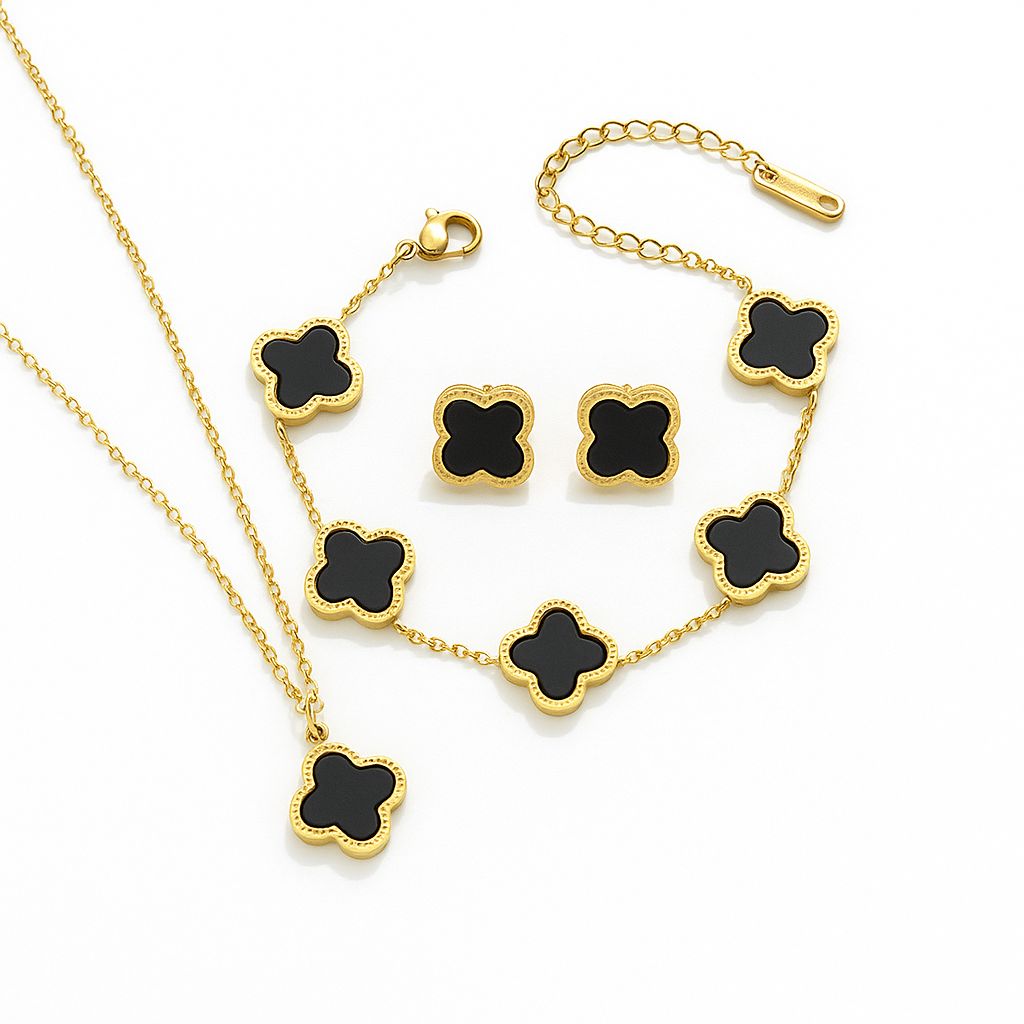 Колие, гривна и обеци в черно, Черни детелини комплект