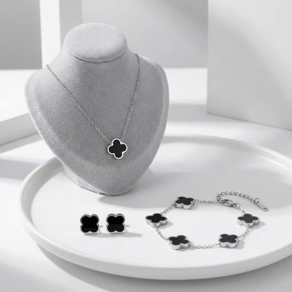 комплект във формата на детелина състоящ се от колие, гривна и обеци в черно със сребърно покритие 2