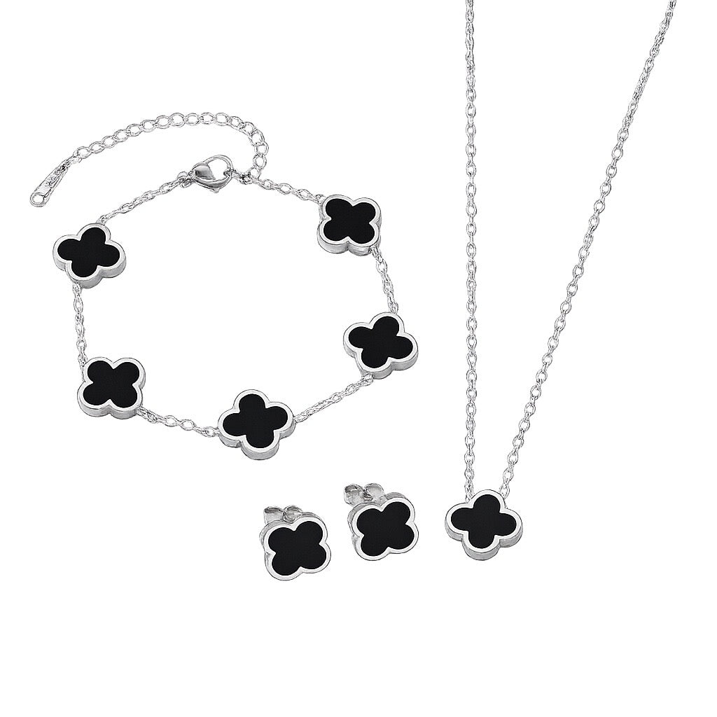 комплект във формата на детелина състоящ се от колие, гривна и обеци в черно със сребърно покритие