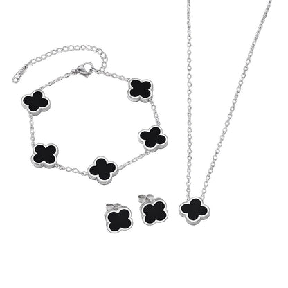 комплект във формата на детелина състоящ се от колие, гривна и обеци в черно със сребърно покритие