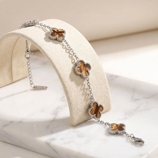 гривна с детелини в сребърно и кафяво от неръждаема стомана 2