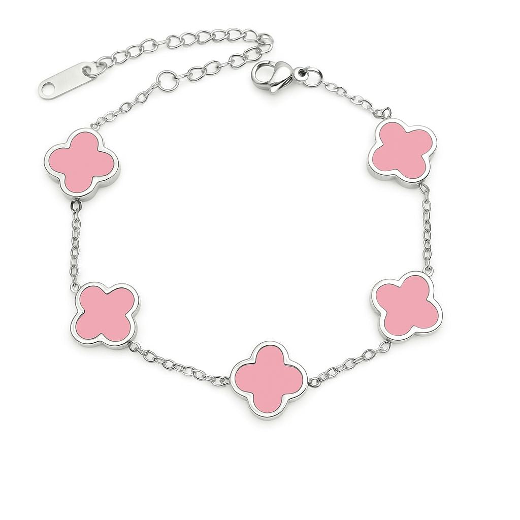 гривна с детелини в сребърно и розово от неръждаема стомана