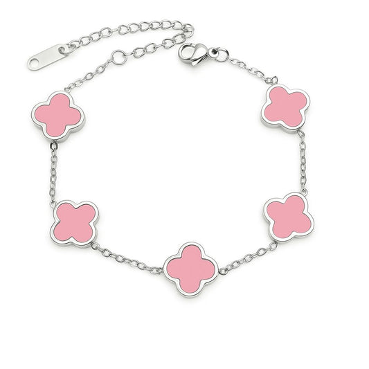 гривна с детелини в сребърно и розово от неръждаема стомана