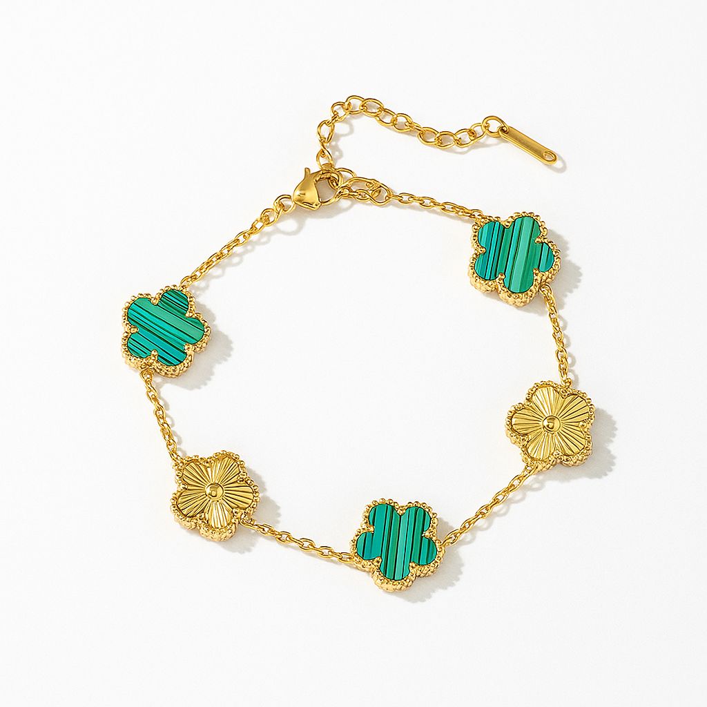 гривна с детелини в златно и зелено от неръждаема стомана