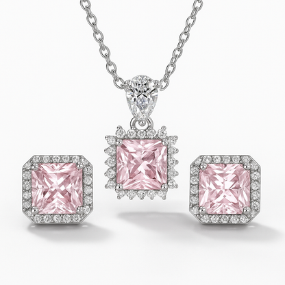 Колие и обеци от медицинска стомана с розов камък и циркони