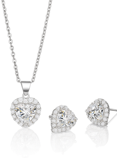 Колие и обеци от медицинска стомана във формата на сърце, обсипани с циркони