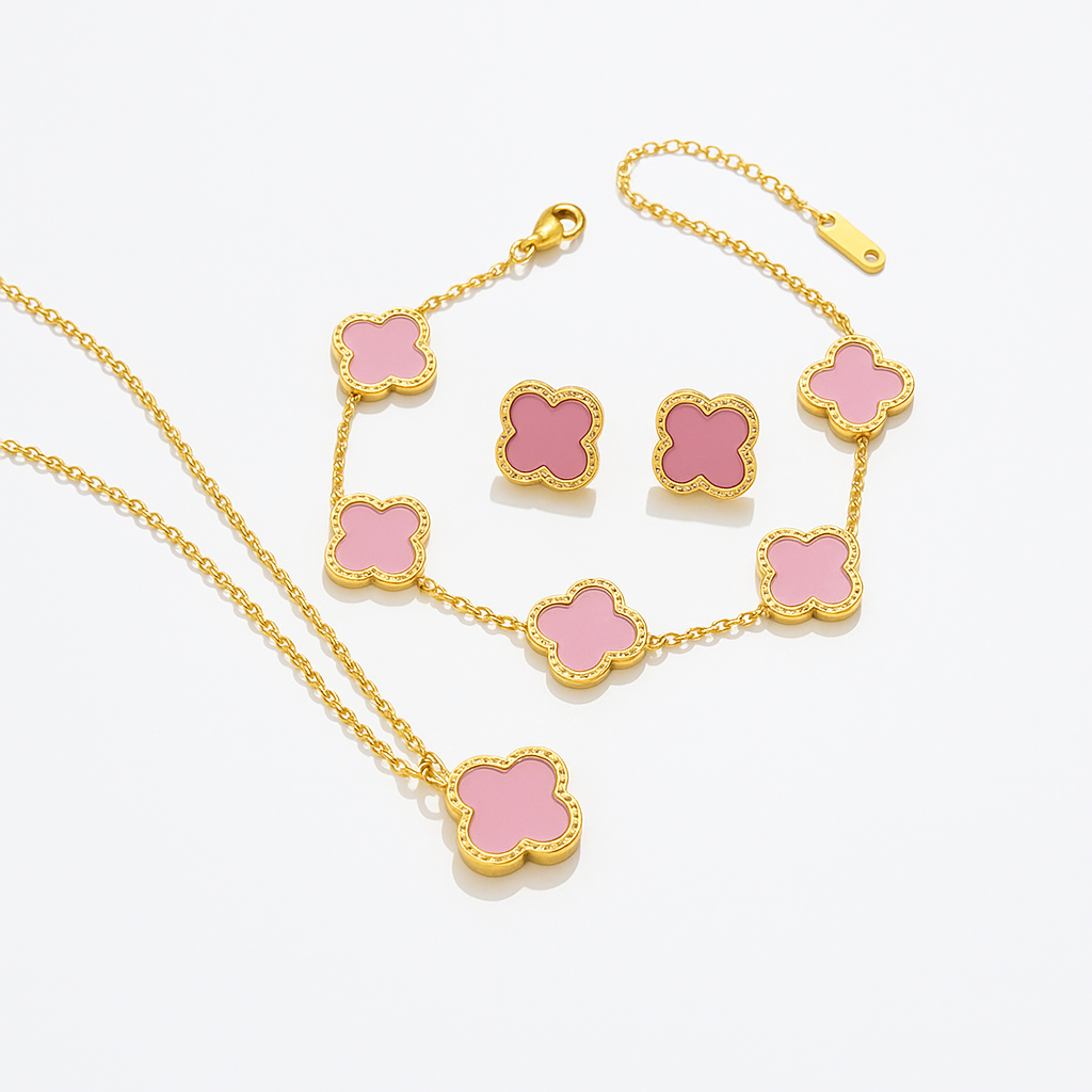 Колие, гривна и обеци в розово, Розови детелини комплект