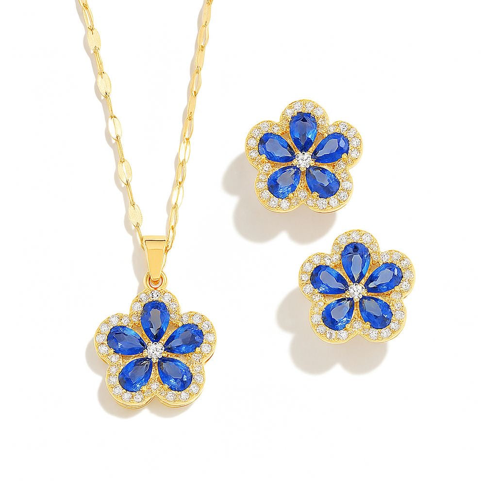 Колие и обеци във формата на детелина с син камък и циркони и златно покритие