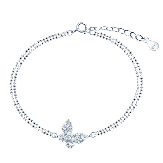 Сребърна гривна с проба 925 и акцент от пеперуда, цялата обсипана с фини циркони