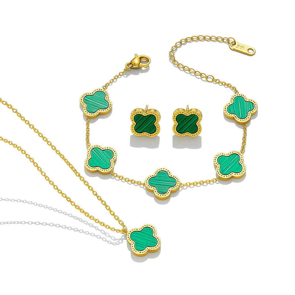 Колие, гривна и обеци в зелено, Зелени детелини комплект